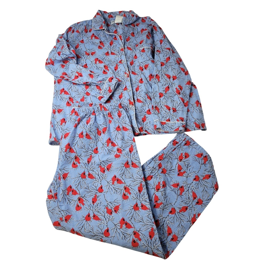 PajamaMania Womens XL Blue Red Cardinal‎ Flannel Pajama Set 100% Cotton 2 Piece